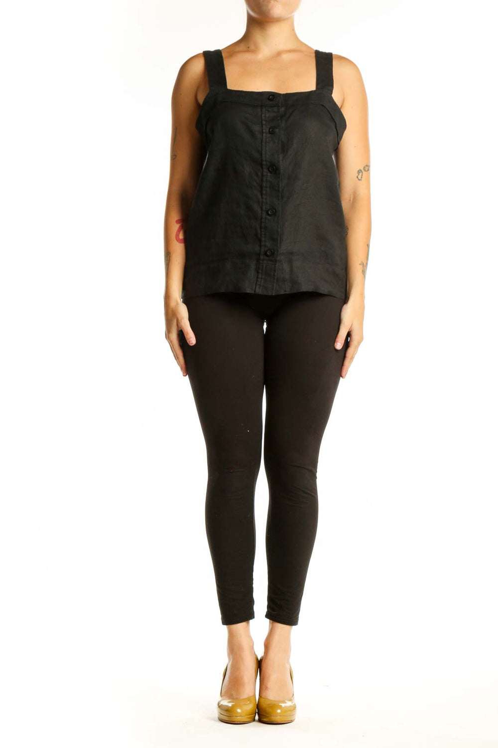 Black linen square neck tank top with button-front closure, front view