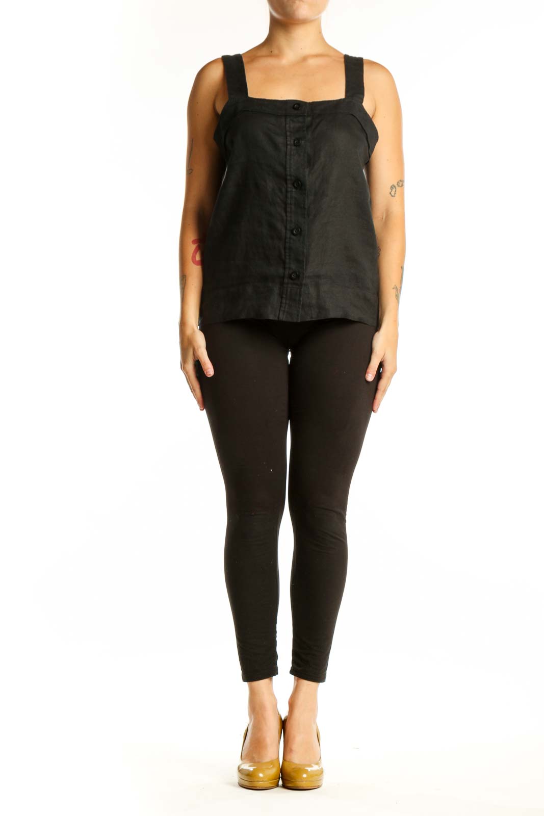 Black linen square neck tank top with button-front closure, front view