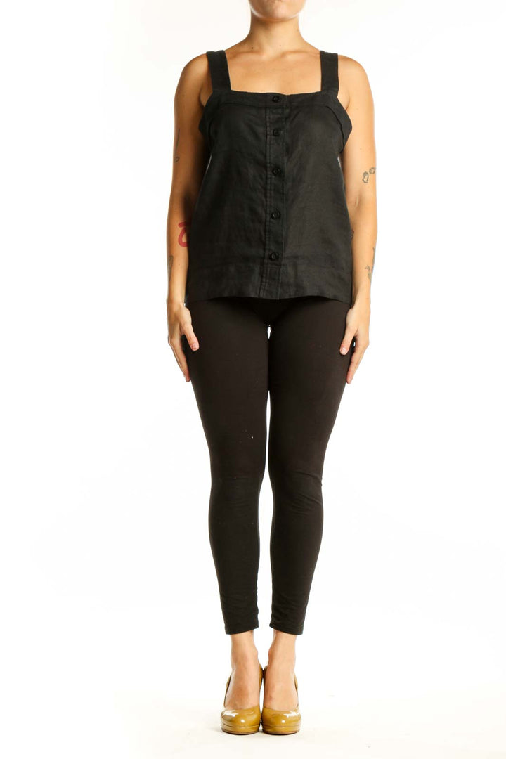 Black linen square neck tank top with button-front closure, front view