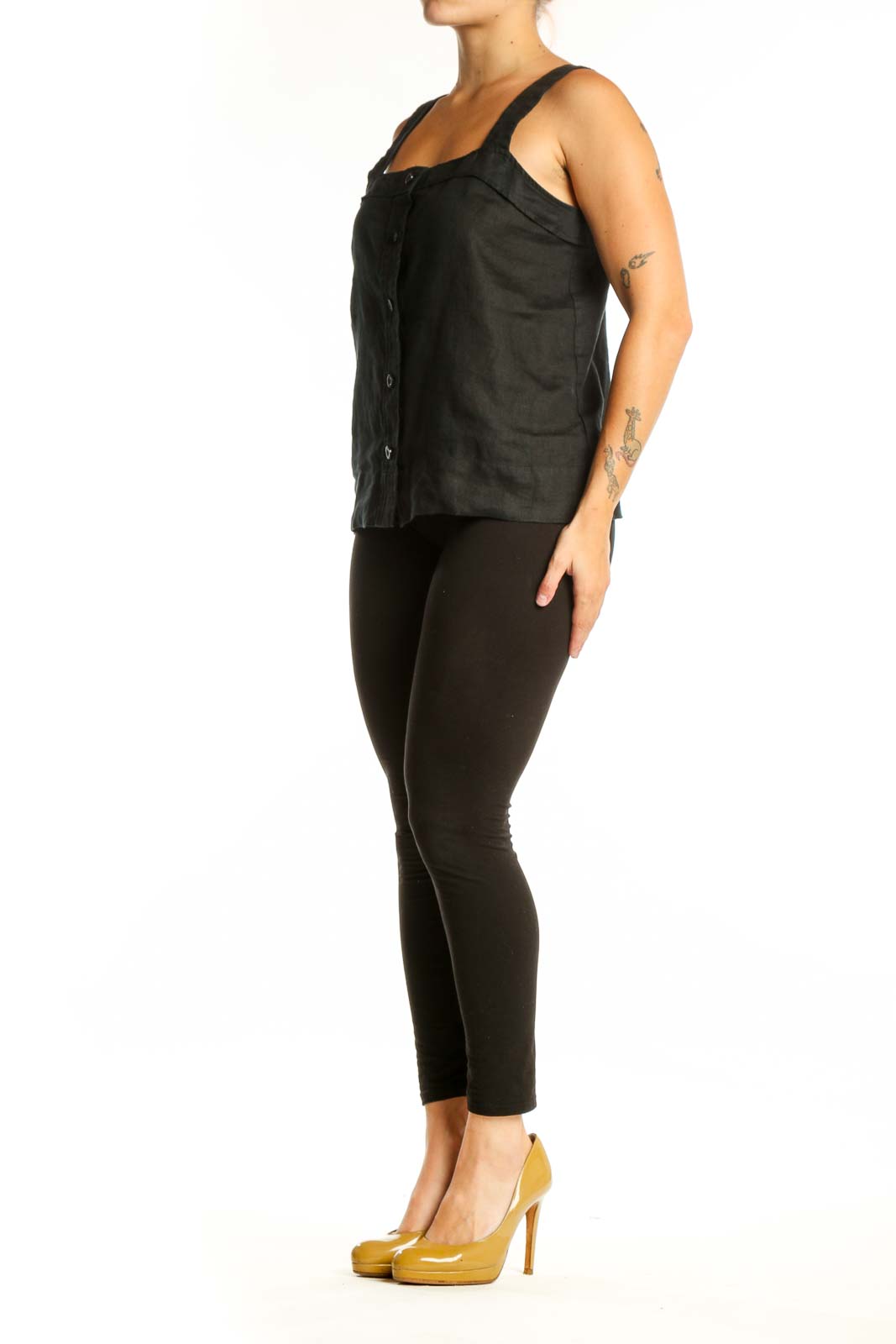 Black linen square neck tank top with button-front closure, front view