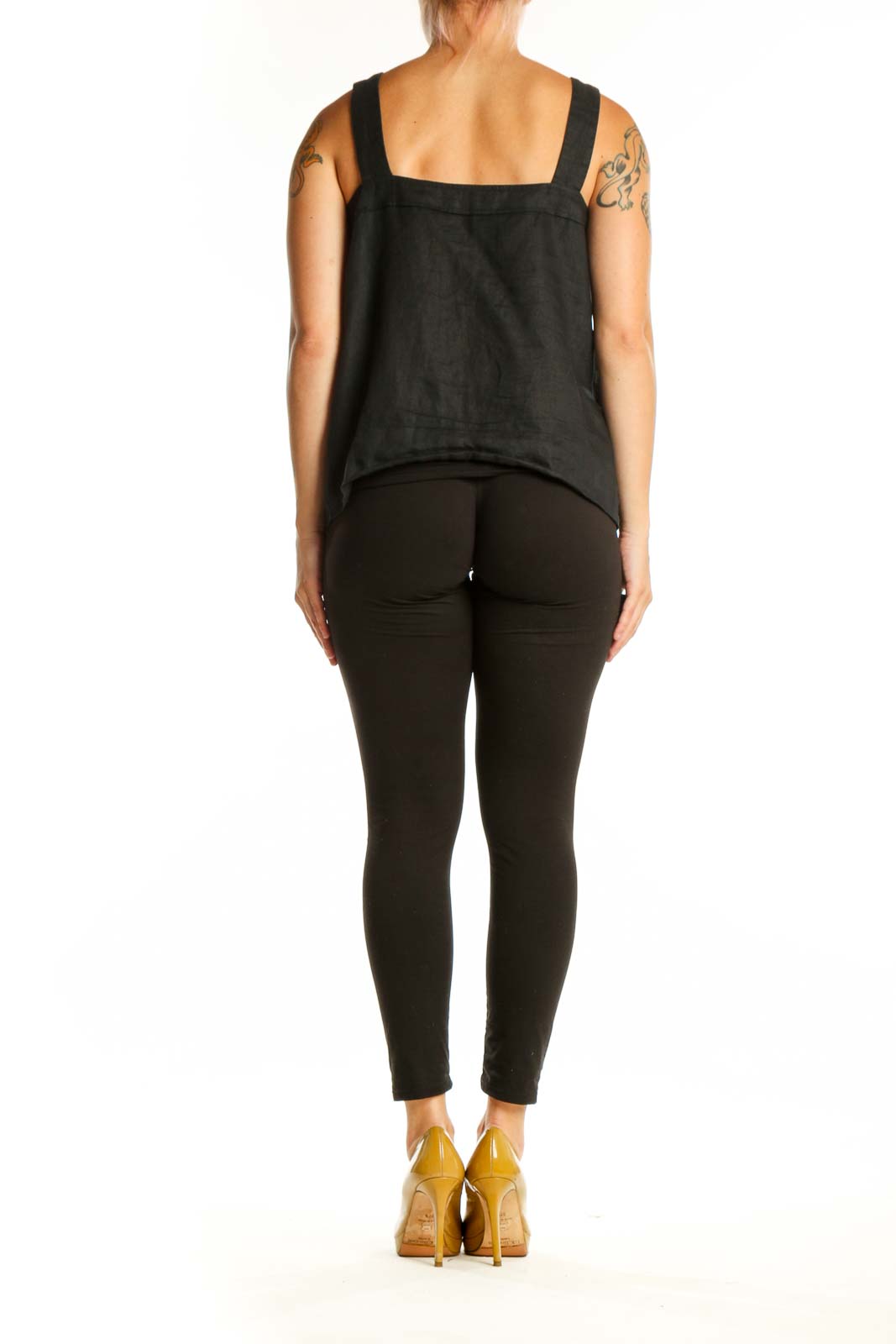 Black linen square neck tank top with button-front closure, back view