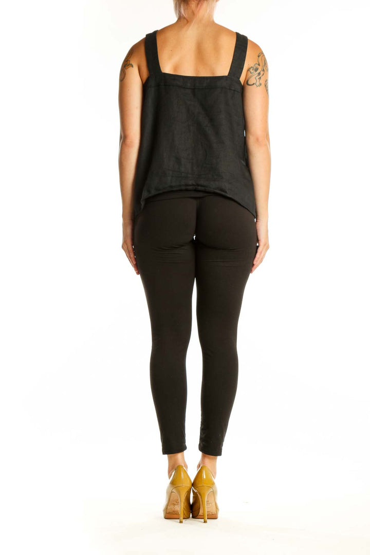 Black linen square neck tank top with button-front closure, back view
