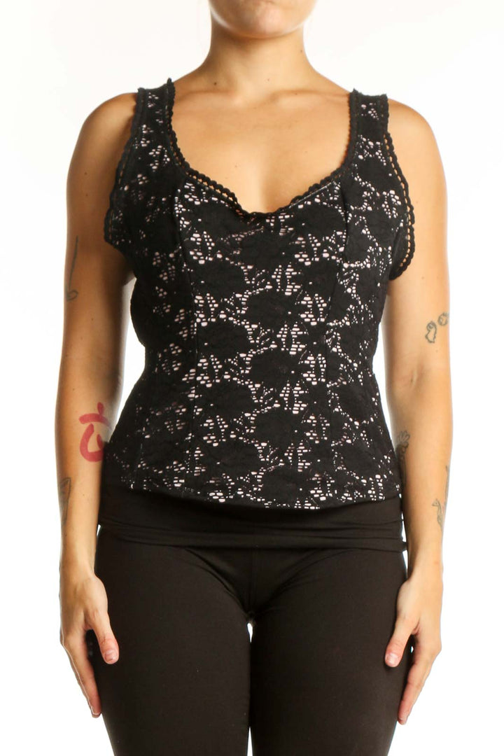 Black lace tank top with ruffle shoulders and sweetheart neckline, front view