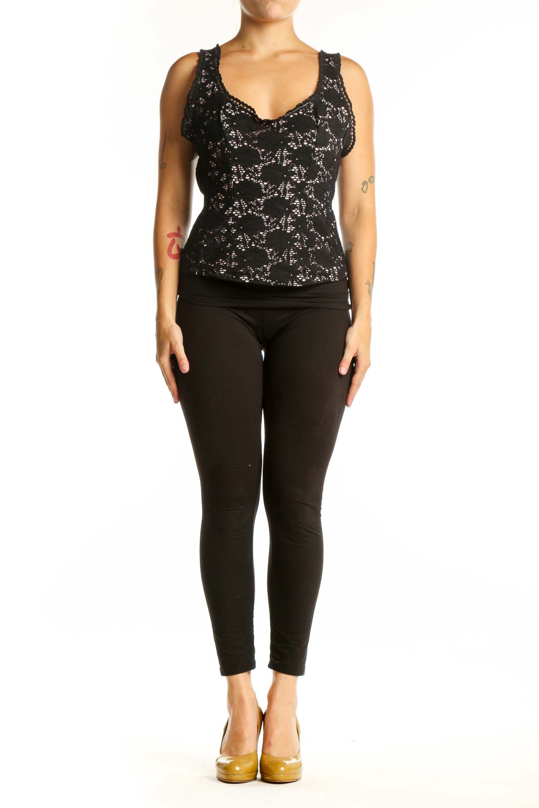 Black lace tank top with ruffle shoulders and sweetheart neckline, front view