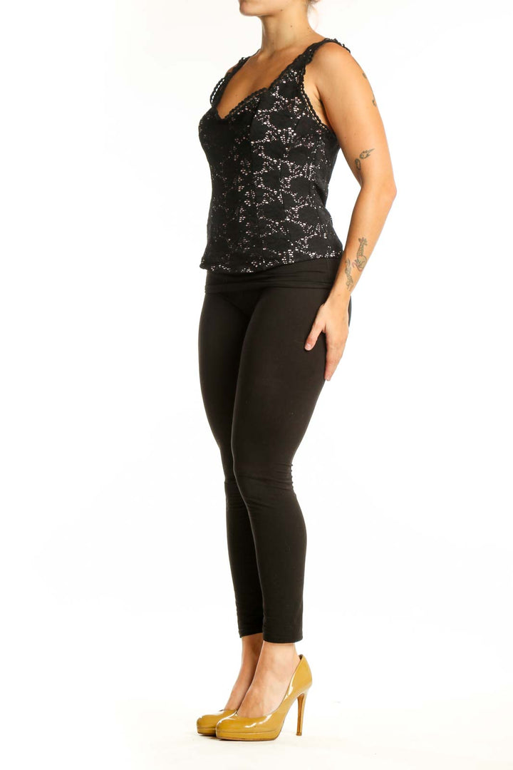 Black lace tank top with ruffle shoulders and sweetheart neckline, front view