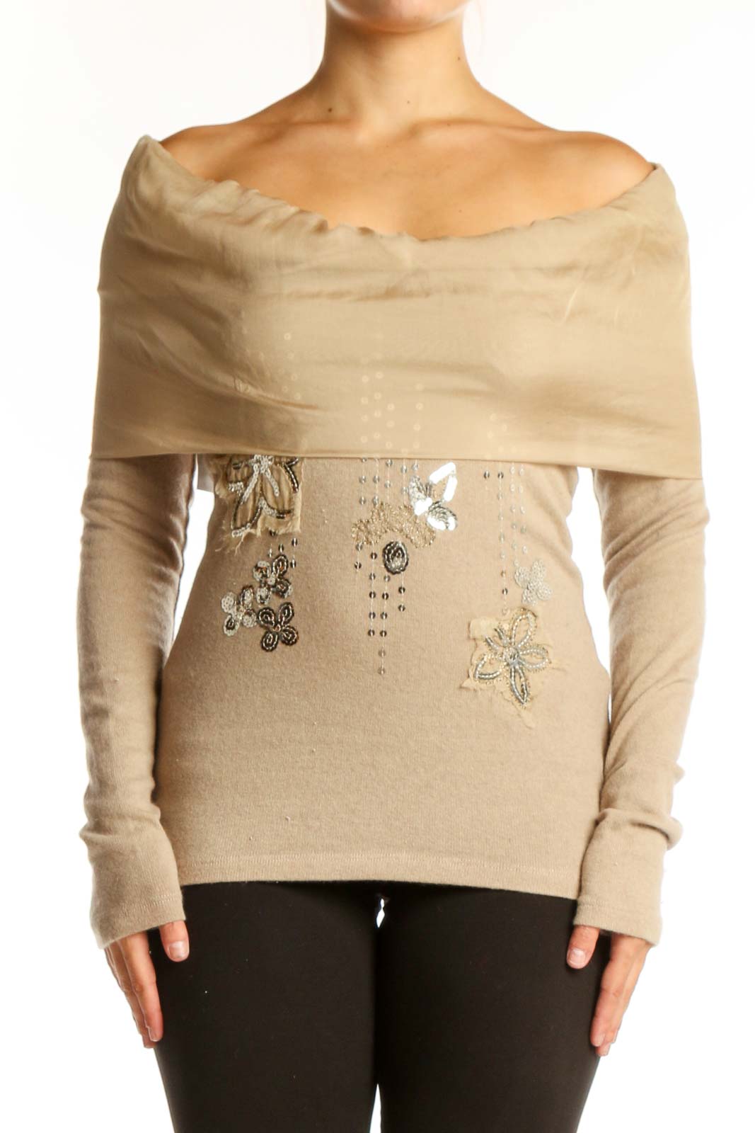 Cream off-shoulder embellished knit top with beaded details and draped cowl neckline, front view