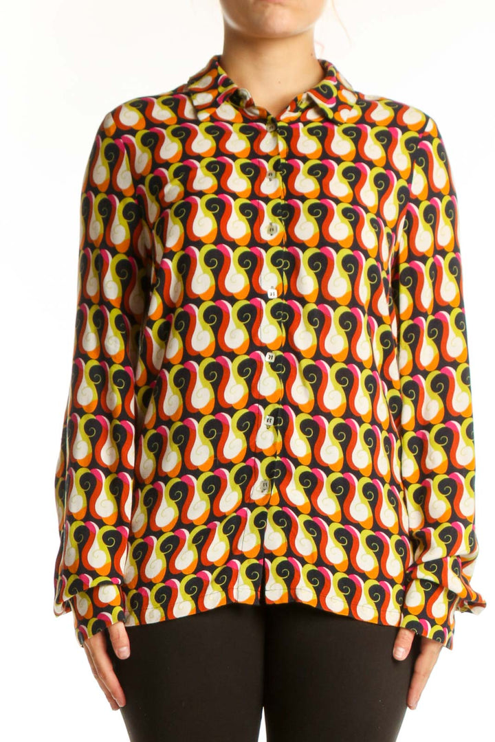 Front view of multicolor abstract geometric print viscose shirt with long sleeves and collar neckline