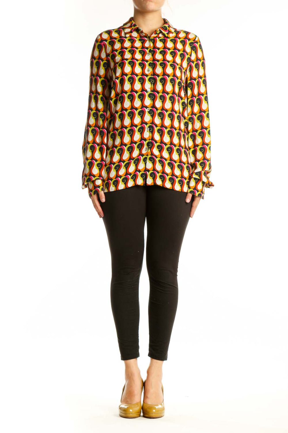 Front view of multicolor abstract geometric print viscose shirt with long sleeves and collar neckline