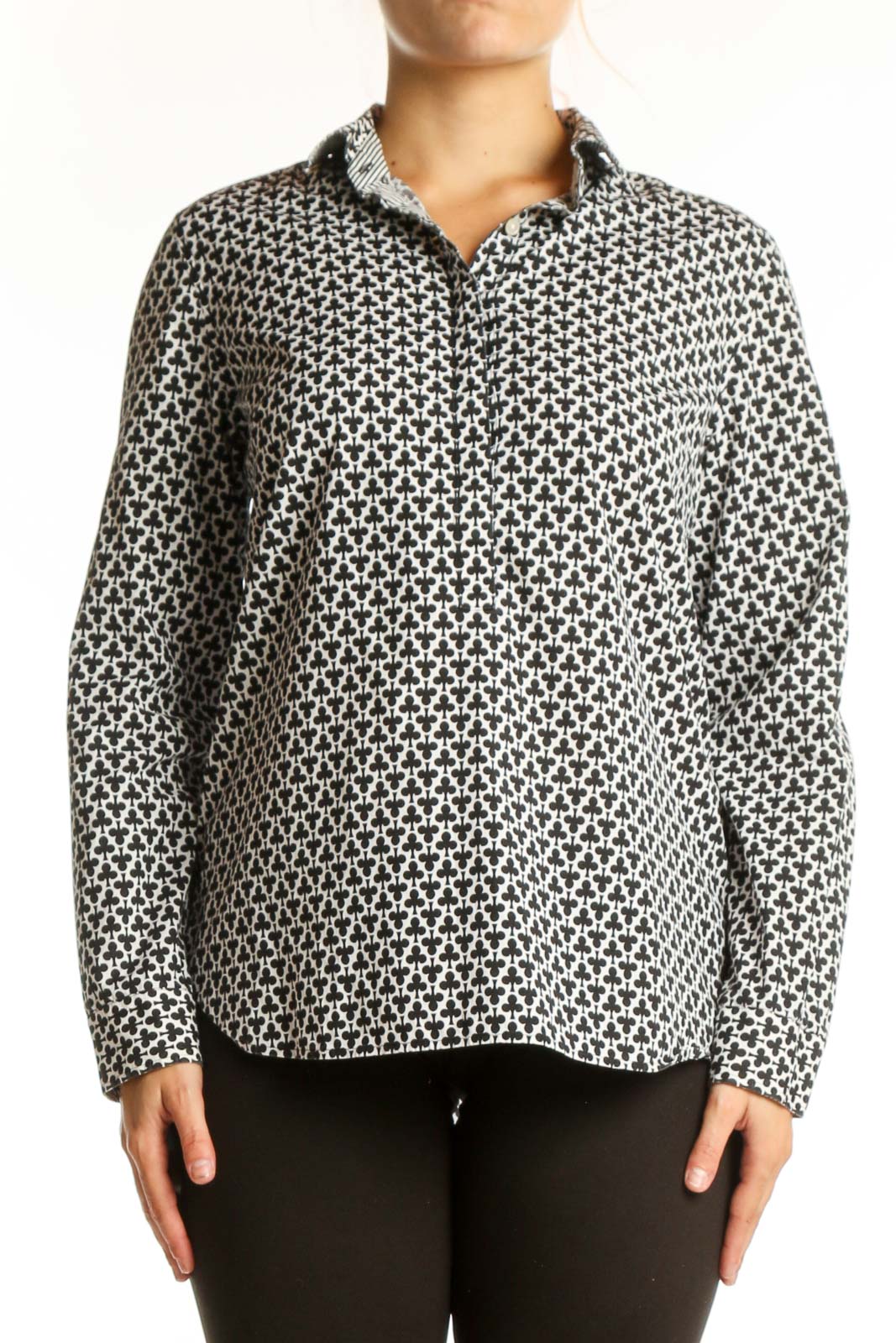 Black and white geometric print button-up shirt with collar and long sleeves, front view