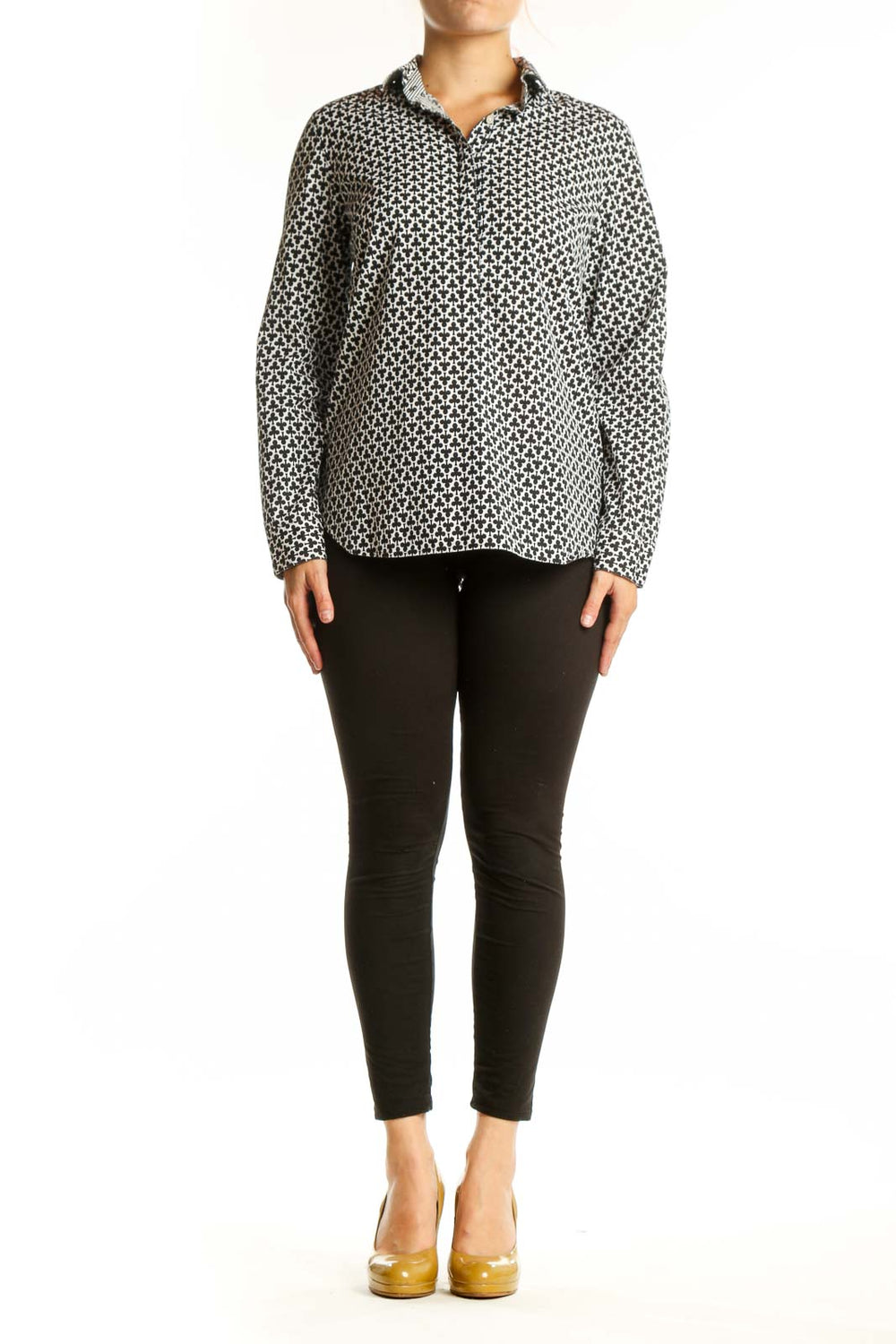 Black and white geometric print button-up shirt with collar and long sleeves, front view