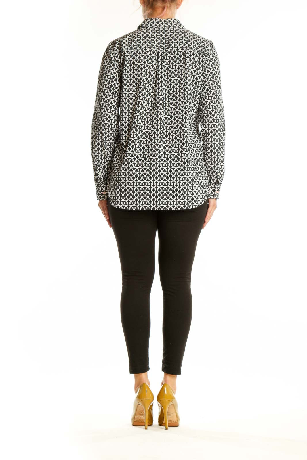 Black and white geometric print button-up shirt, back view showing full length and fit