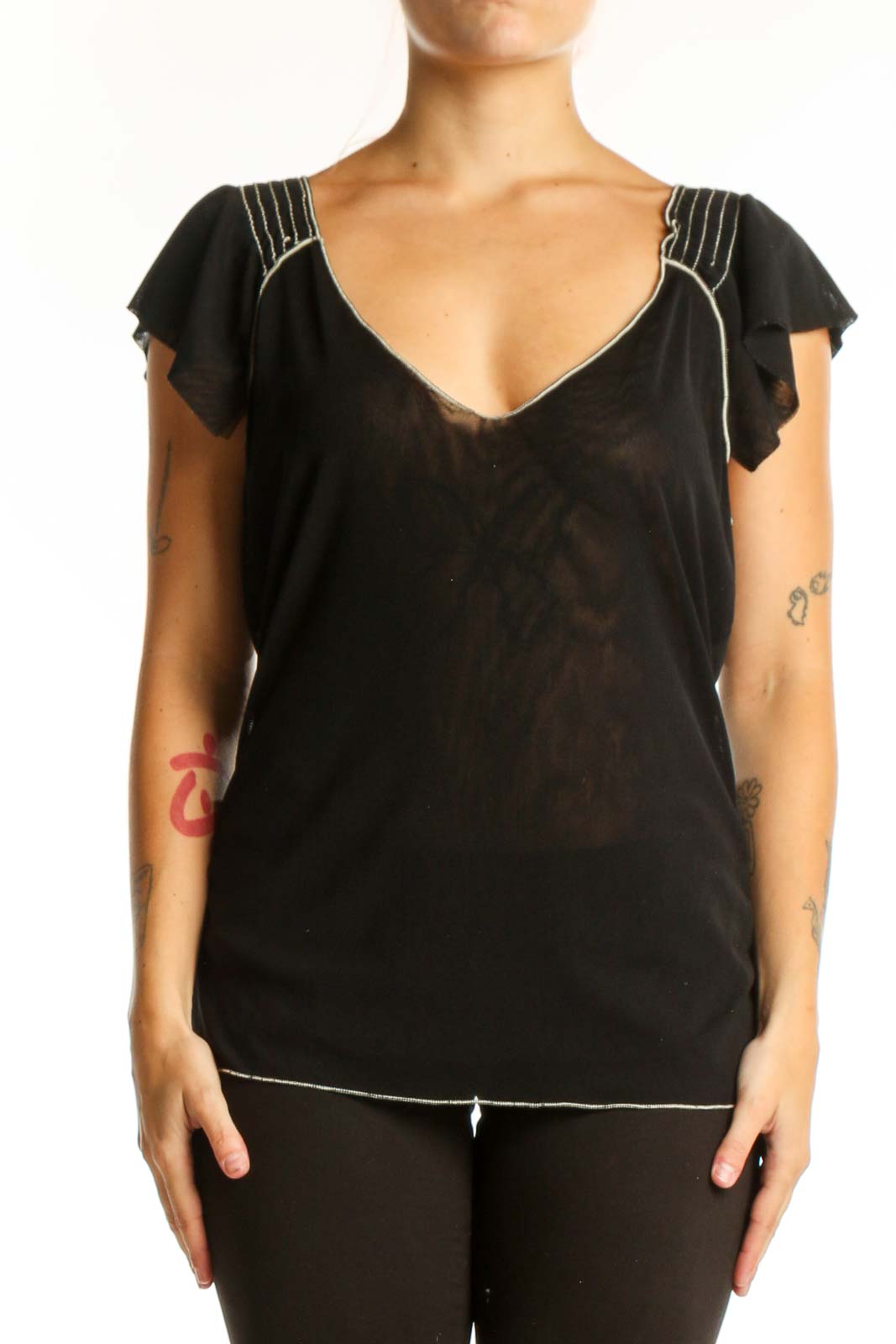 Black flutter sleeve v-neck top by Max Studio with decorative stitching detail on shoulders