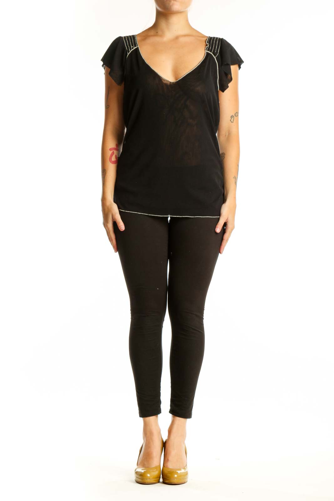 Black flutter sleeve v-neck top by Max Studio with decorative stitching detail on shoulders