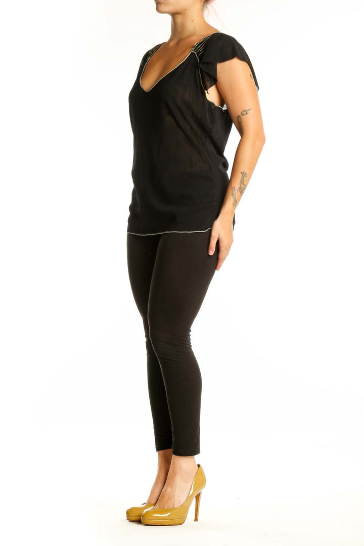 Black flutter sleeve v-neck top by Max Studio with decorative stitching detail on shoulders