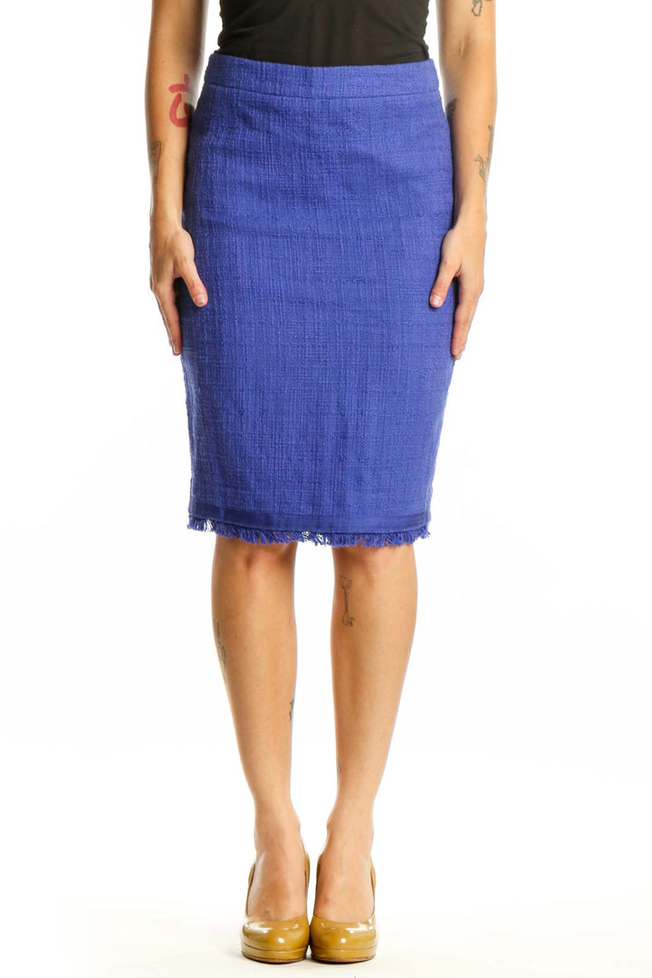 J.Crew blue pencil skirt with frayed hem, front view on model wearing black top