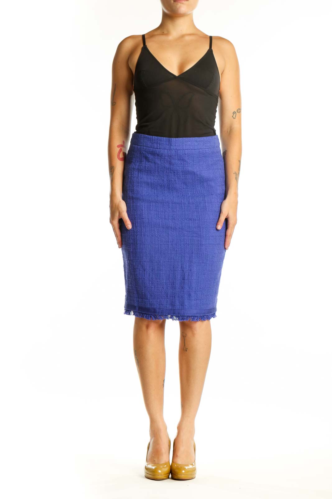 J.Crew blue pencil skirt with frayed hem, front view on model wearing black top
