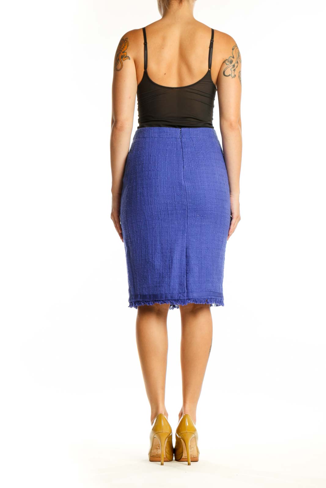 J.Crew blue pencil skirt with frayed hem, back view on model wearing black camisole