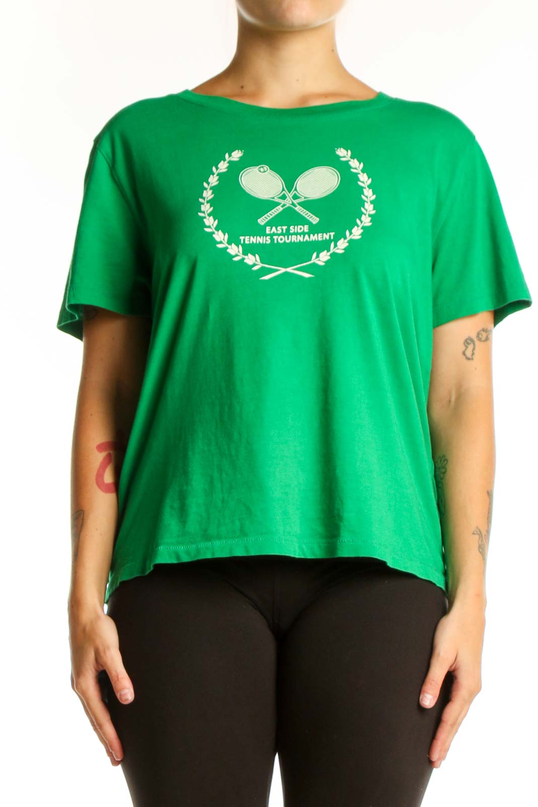 Green J.Crew t-shirt with white tennis racket and laurel wreath graphic design, front view