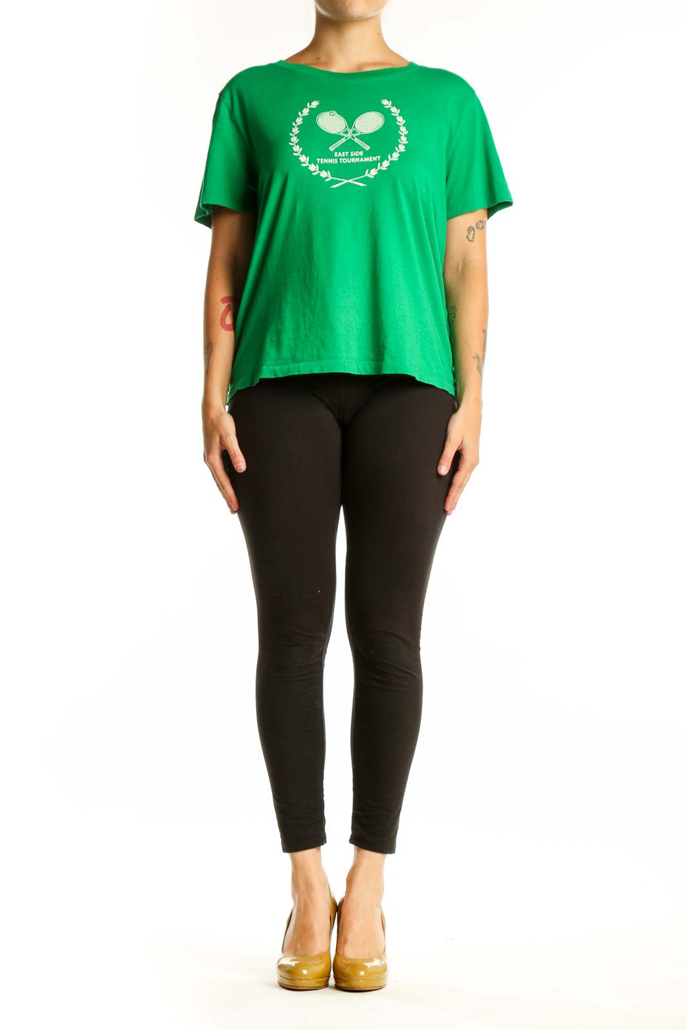 Green J.Crew t-shirt with white tennis racket and laurel wreath graphic design, front view