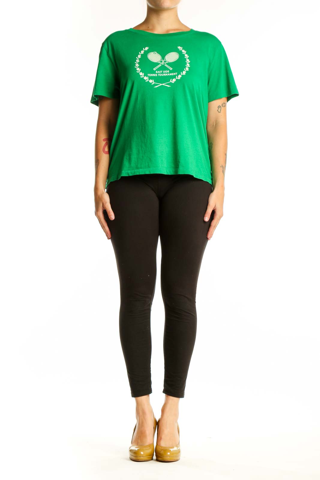 Green J.Crew t-shirt with white tennis racket and laurel wreath graphic design, front view