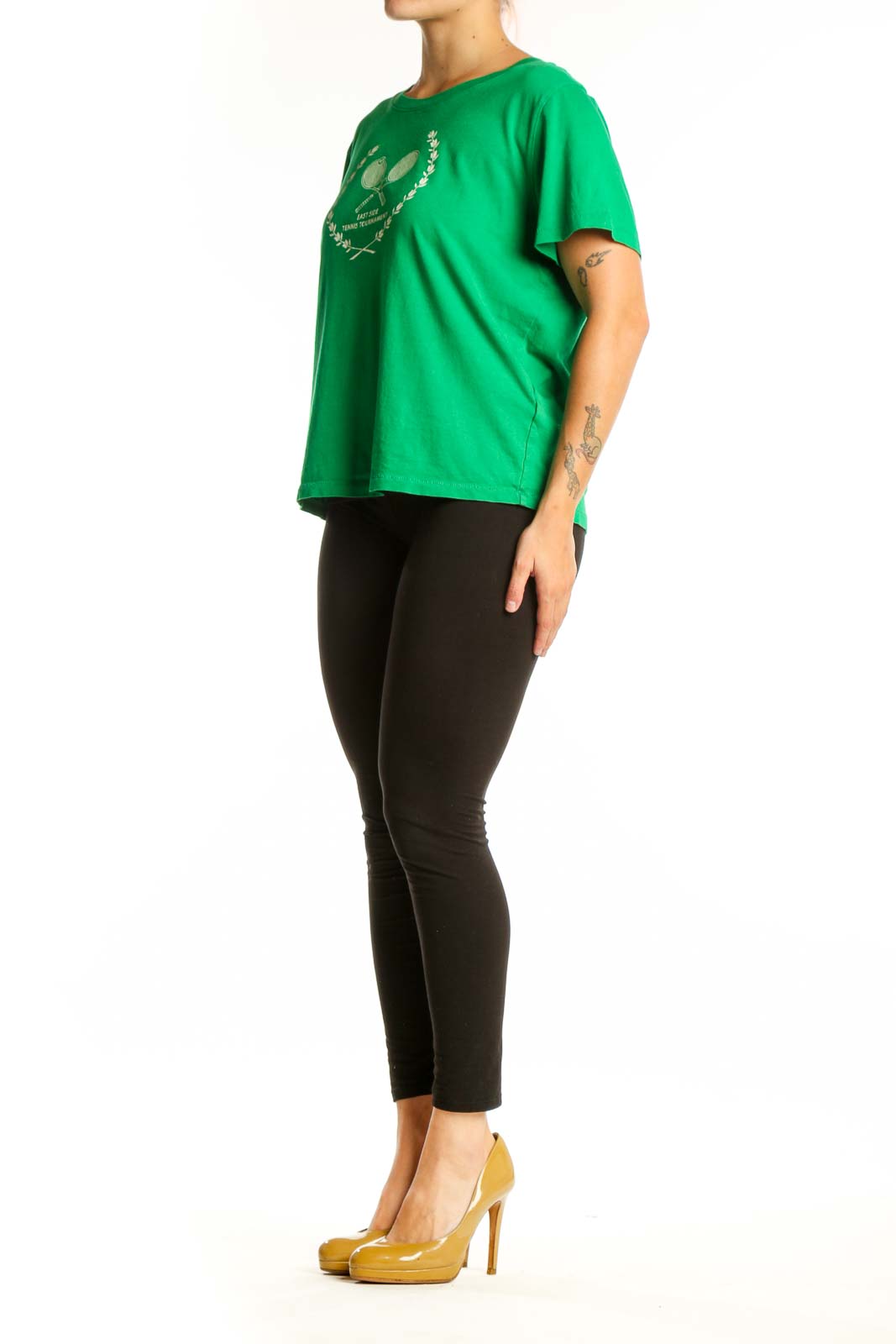 Green J.Crew t-shirt with white tennis racket and laurel wreath graphic design, front view