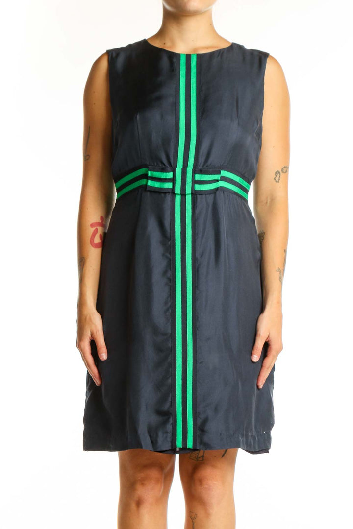 Navy sleeveless dress with neon green vertical stripes and waist detail, front view
