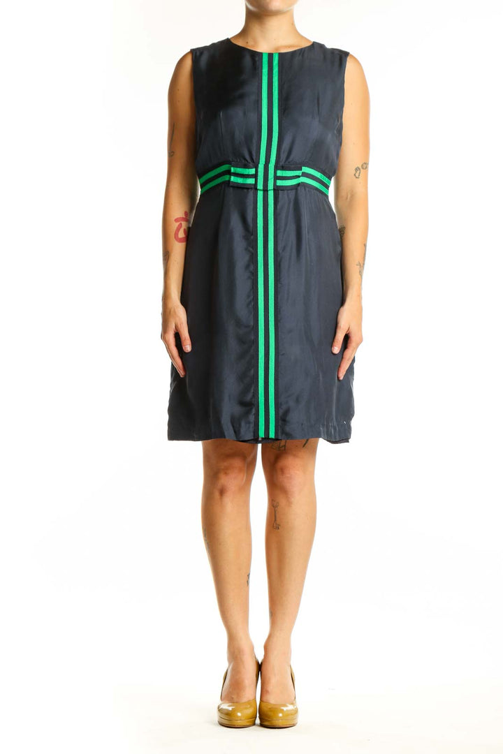 Navy sleeveless dress with neon green vertical stripes and waist detail, front view