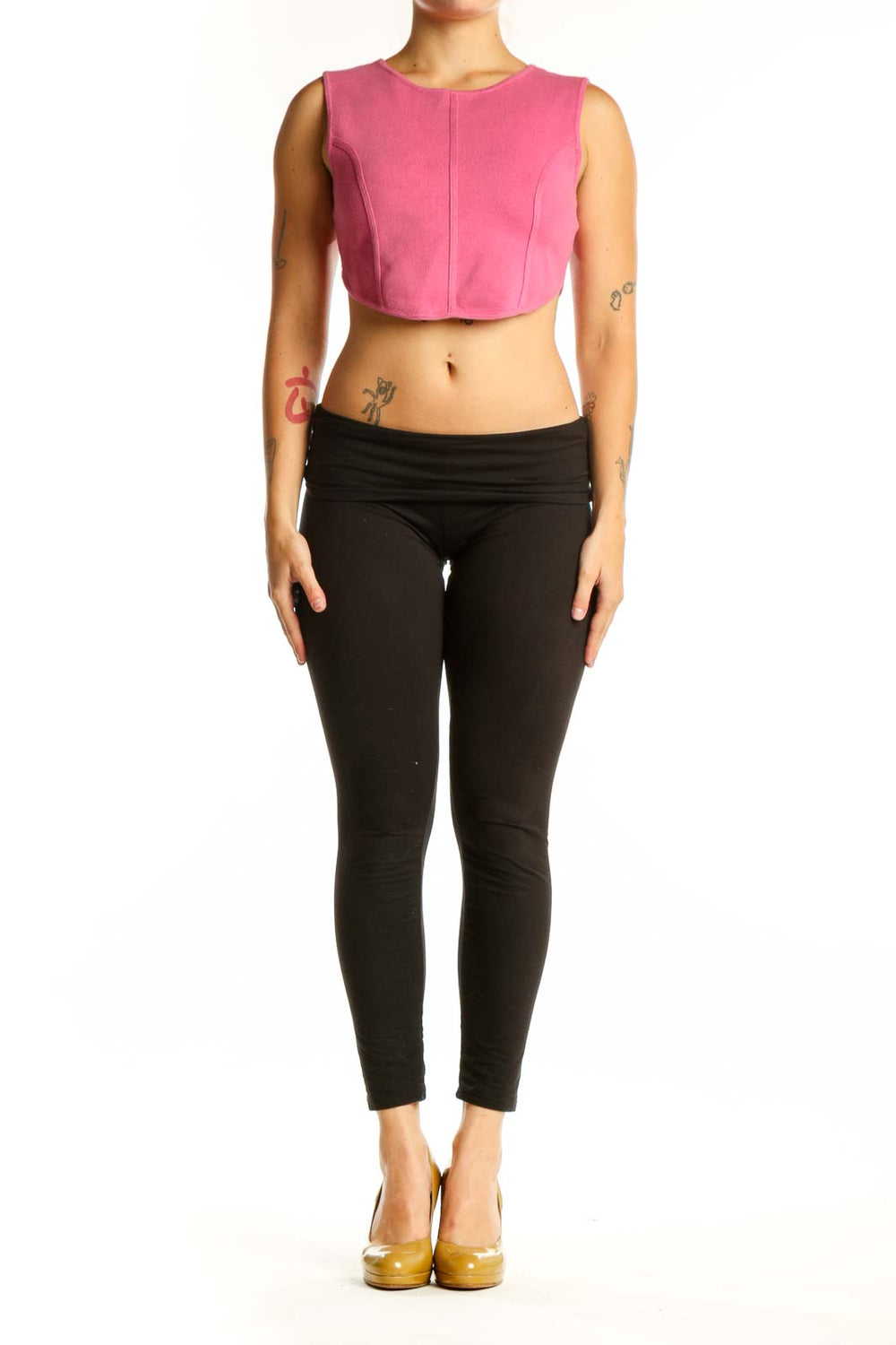 Pink cropped sleeveless knit tank top from House of Harlow 1960, front view on model