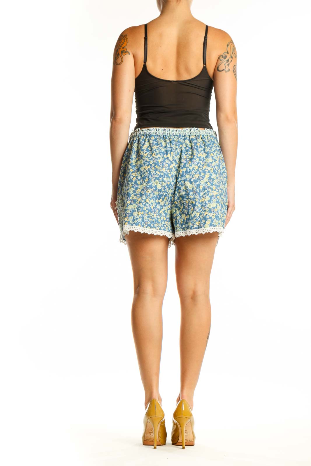Back view of blue floral shorts showing lace trim detail and comfortable relaxed silhouette
