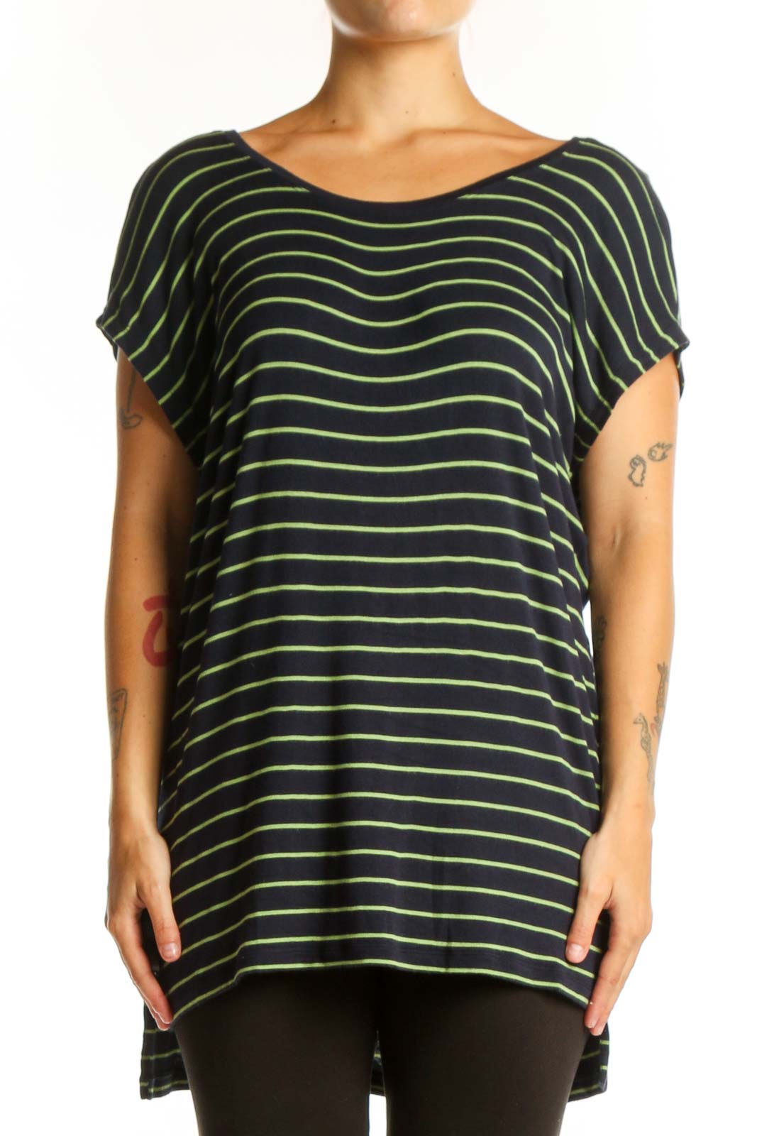 Black and lime green striped Cabi rayon top with short flutter sleeves and rounded neckline, front view