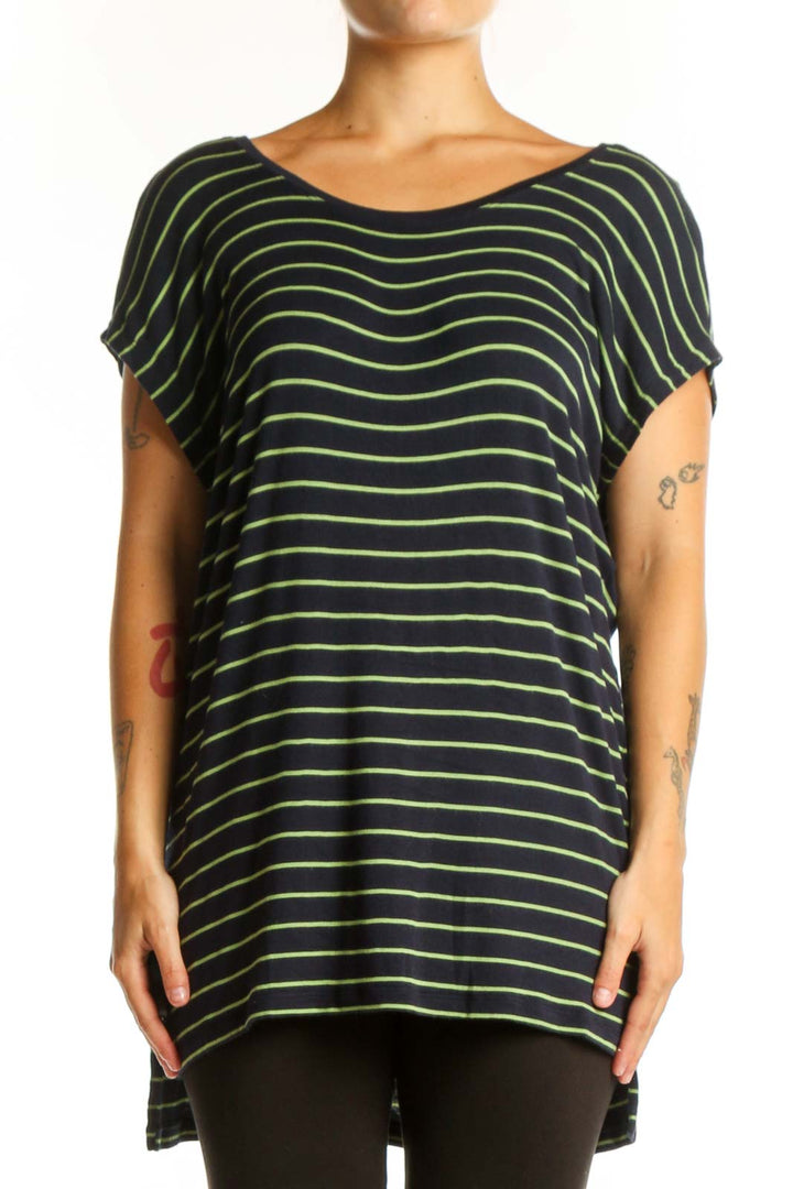 Black and lime green striped Cabi rayon top with short flutter sleeves and rounded neckline, front view