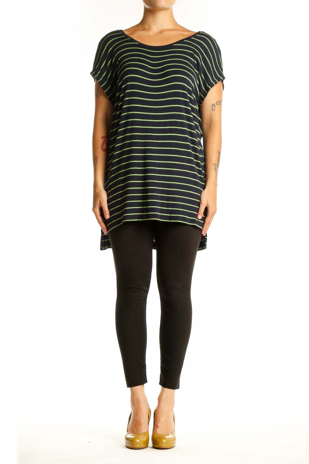 Black and lime green striped Cabi rayon top with short flutter sleeves and rounded neckline, front view