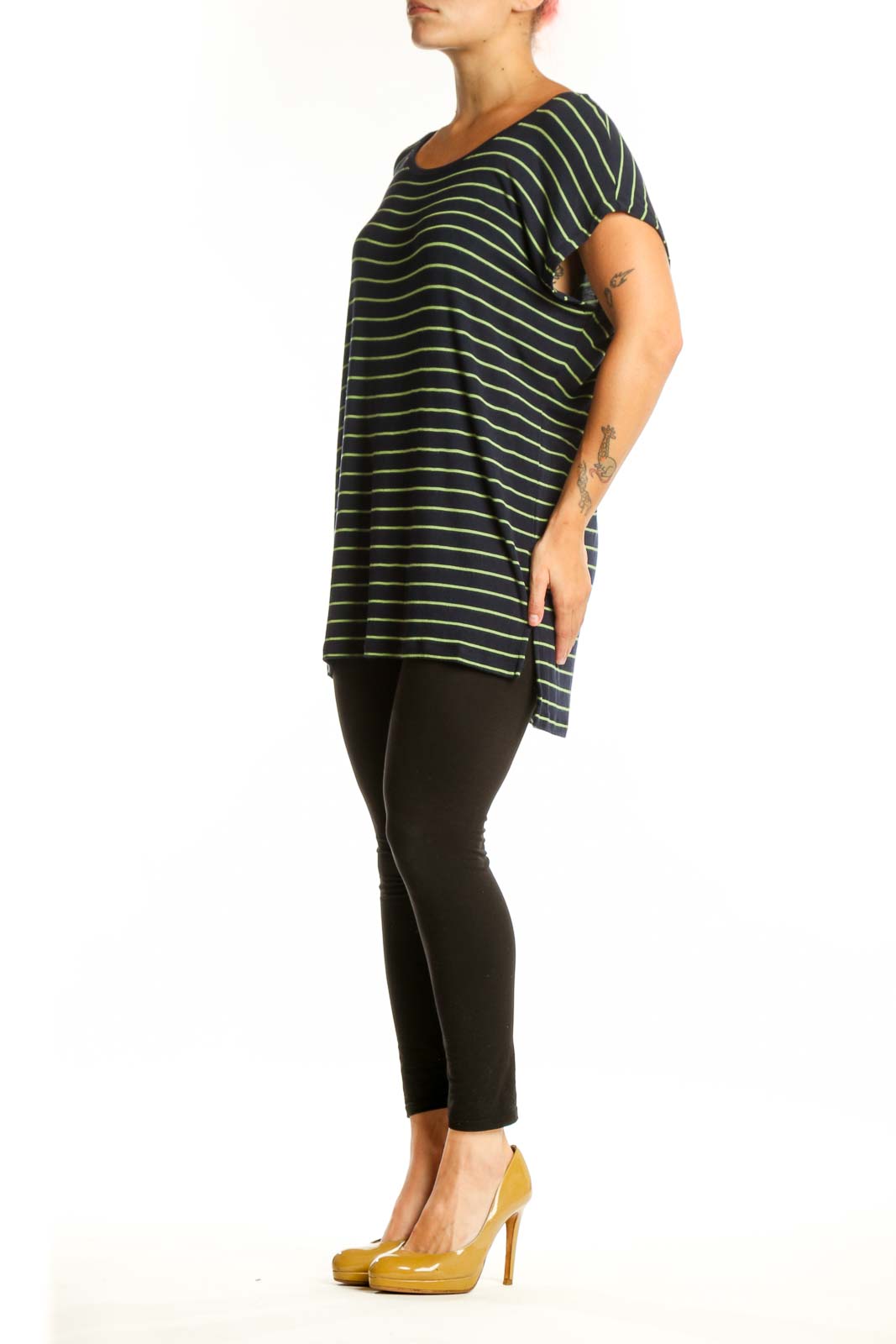 Black and lime green striped Cabi rayon top with short flutter sleeves and rounded neckline, front view