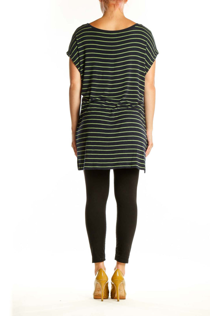 Black and lime green striped Cabi rayon top with asymmetrical hemline, back view