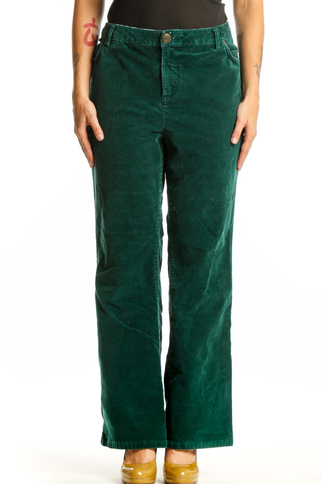 Front view of green corduroy wide-leg pants from Lands' End, size XXL, featuring classic five-pocket styling and button-fly closure
