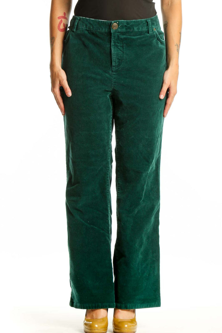Front view of green corduroy wide-leg pants from Lands' End, size XXL, featuring classic five-pocket styling and button-fly closure