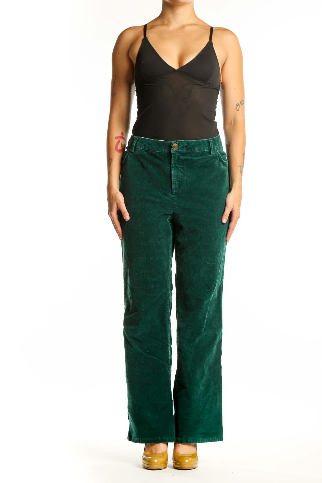 Front view of green corduroy wide-leg pants from Lands' End, size XXL, featuring classic five-pocket styling and button-fly closure