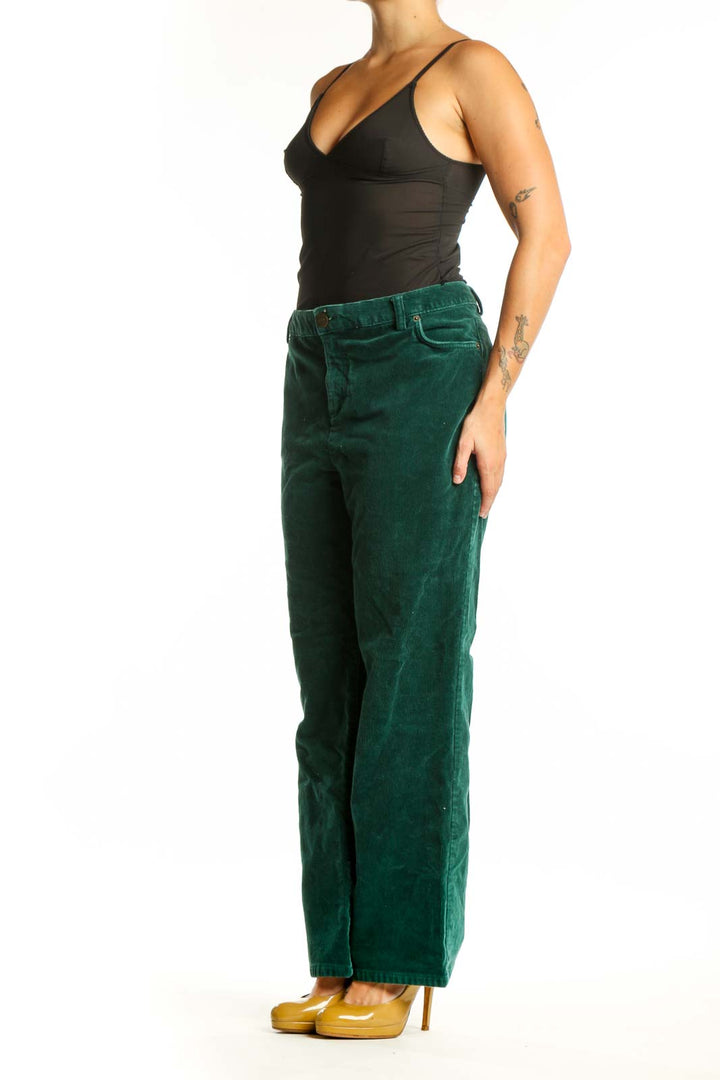 Front view of green corduroy wide-leg pants from Lands' End, size XXL, featuring classic five-pocket styling and button-fly closure