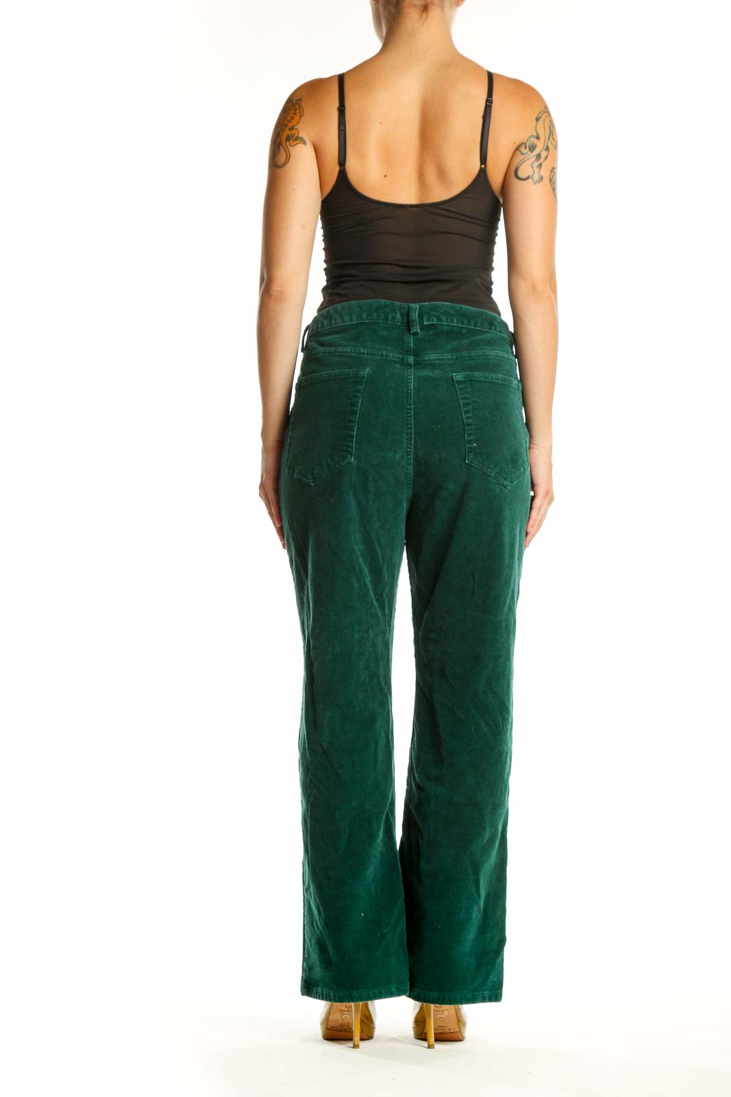 Back view of green corduroy wide-leg pants from Lands' End showing relaxed fit and full-length inseam