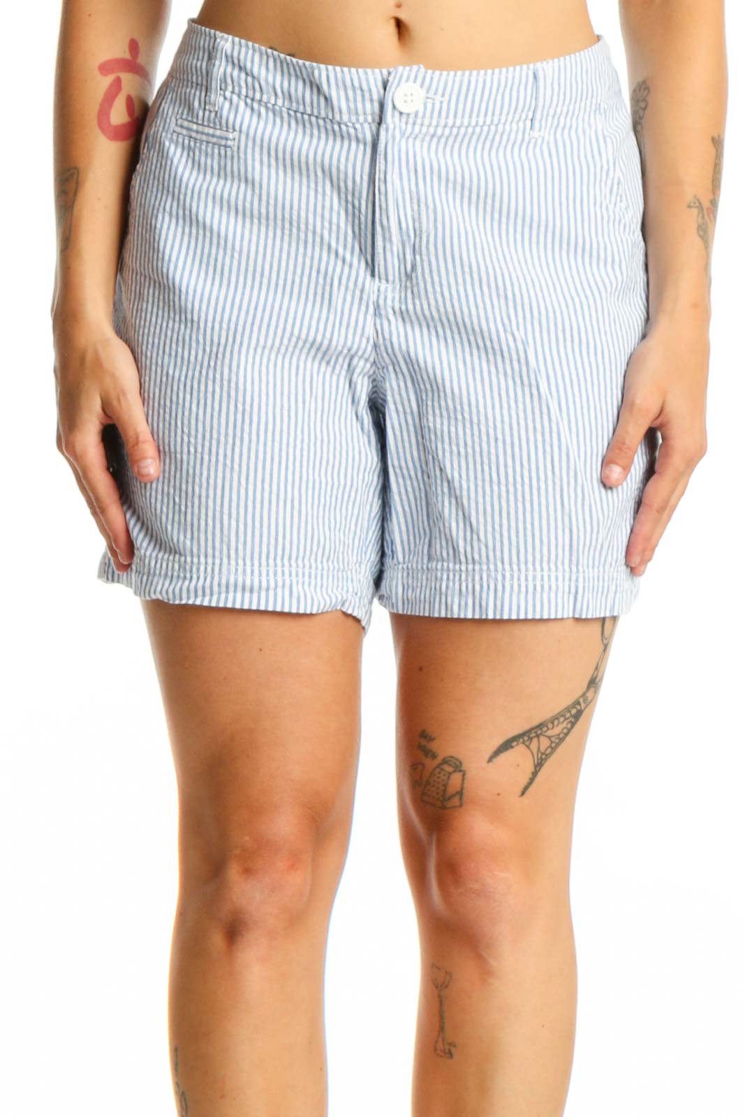 Front view of blue and white striped cotton shorts by Columbia, size L