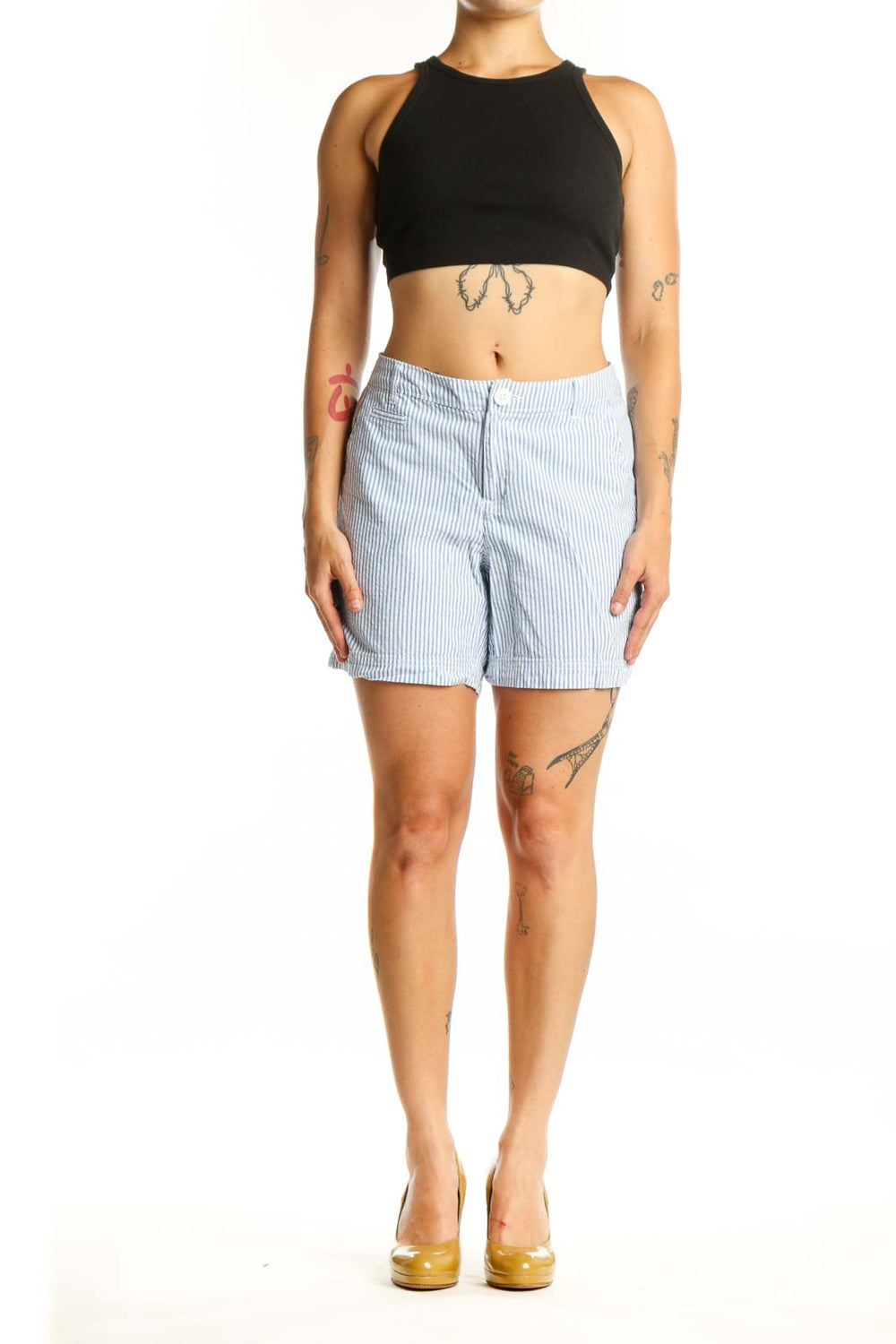 Front view of blue and white striped cotton shorts by Columbia, size L
