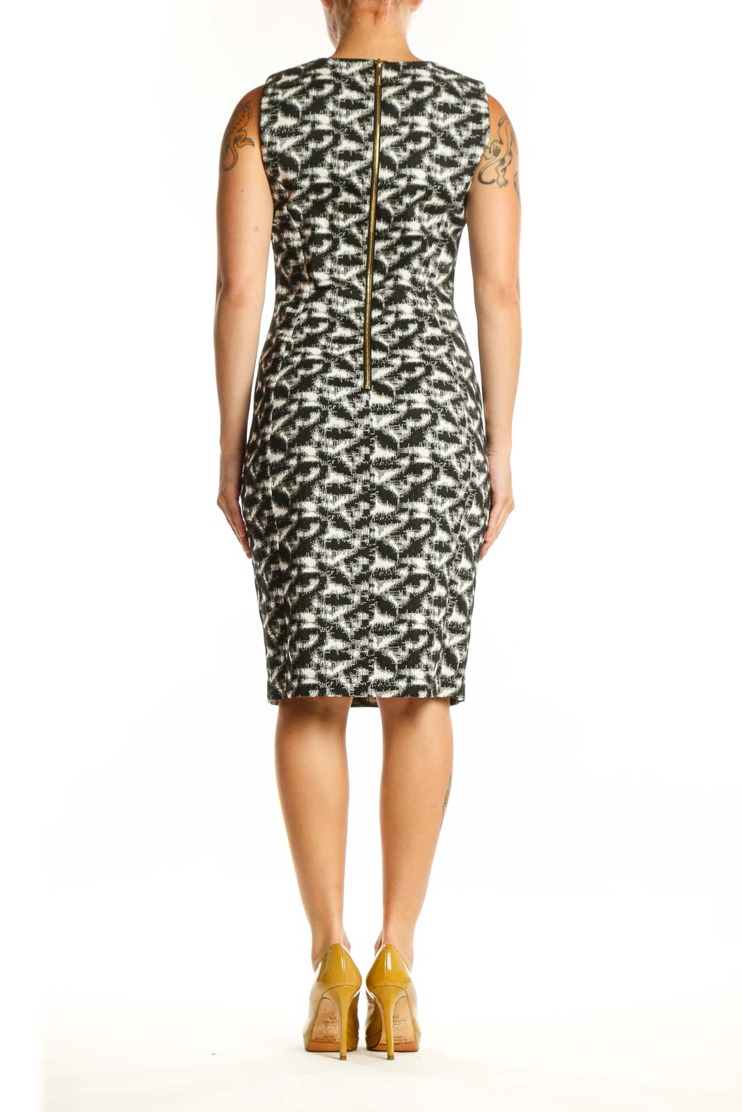 Black and white abstract print sleeveless Calvin Klein dress back view