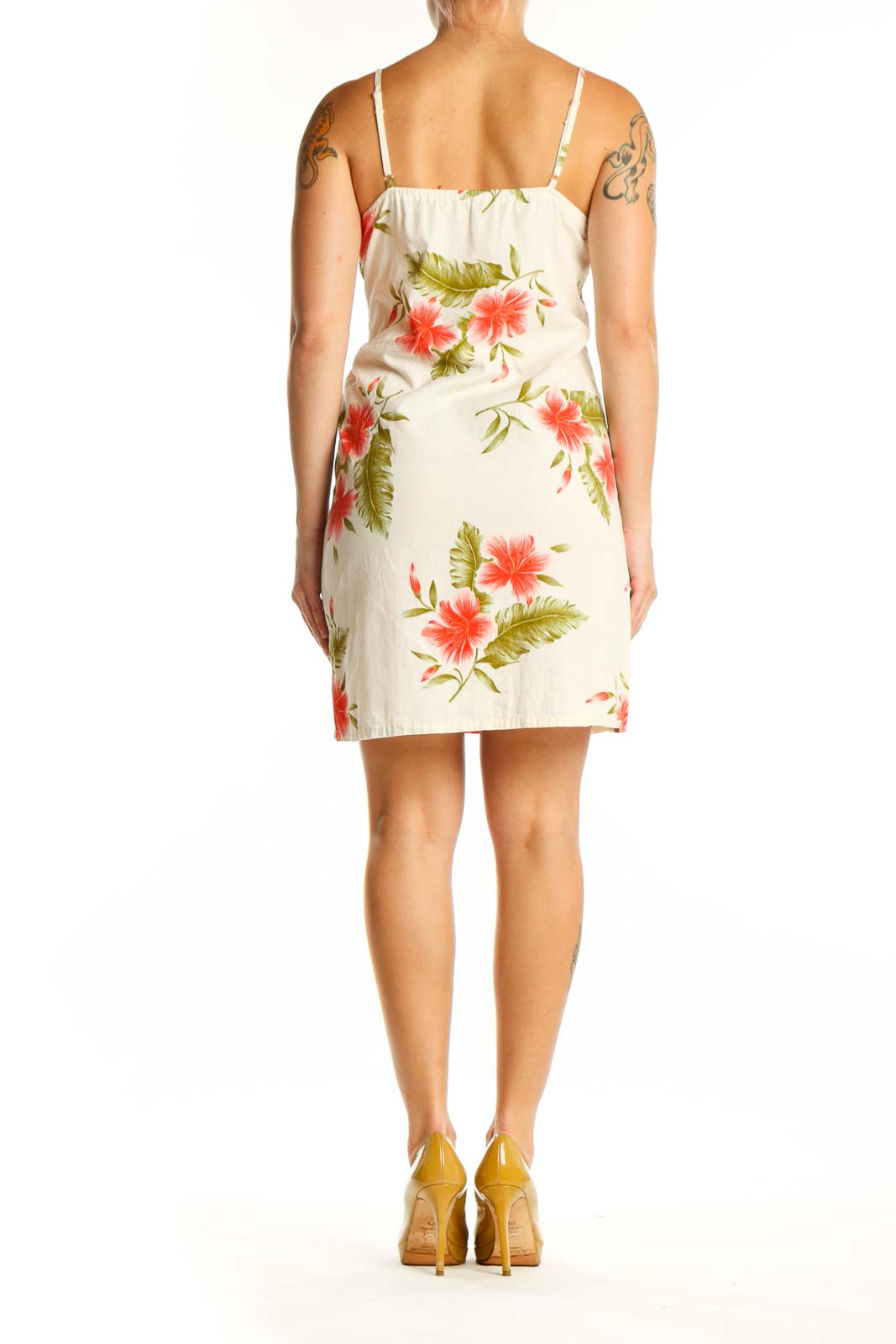 SilkRoll cream floral wrap dress back view displaying the flattering wrap style and knee-length cut