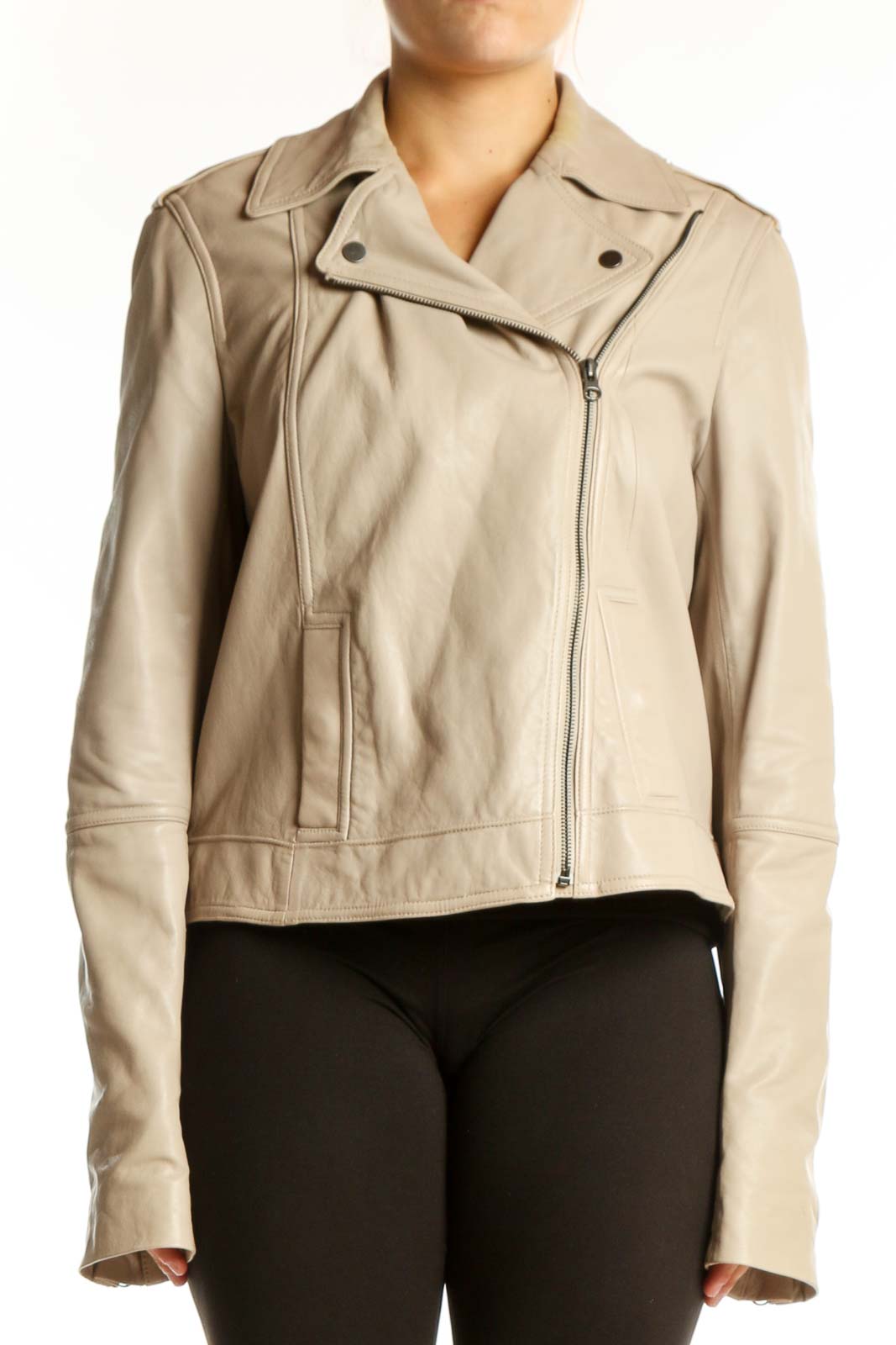 Beige leather biker jacket with asymmetrical zip closure and notched lapels, front view on model