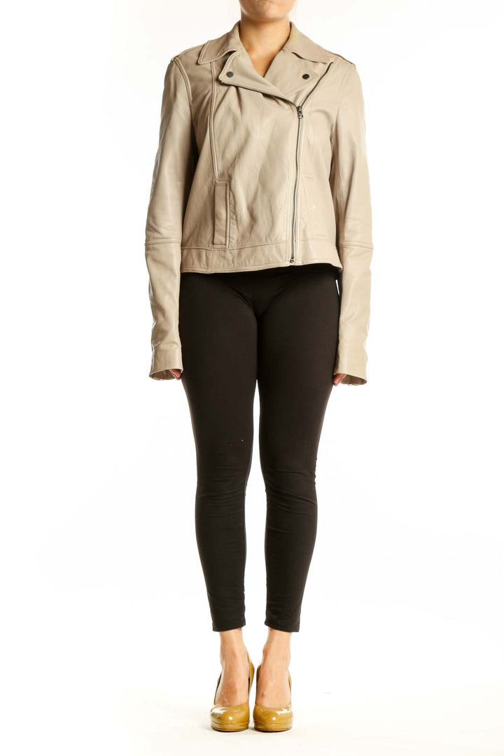 Beige leather biker jacket with asymmetrical zip closure and notched lapels, front view on model