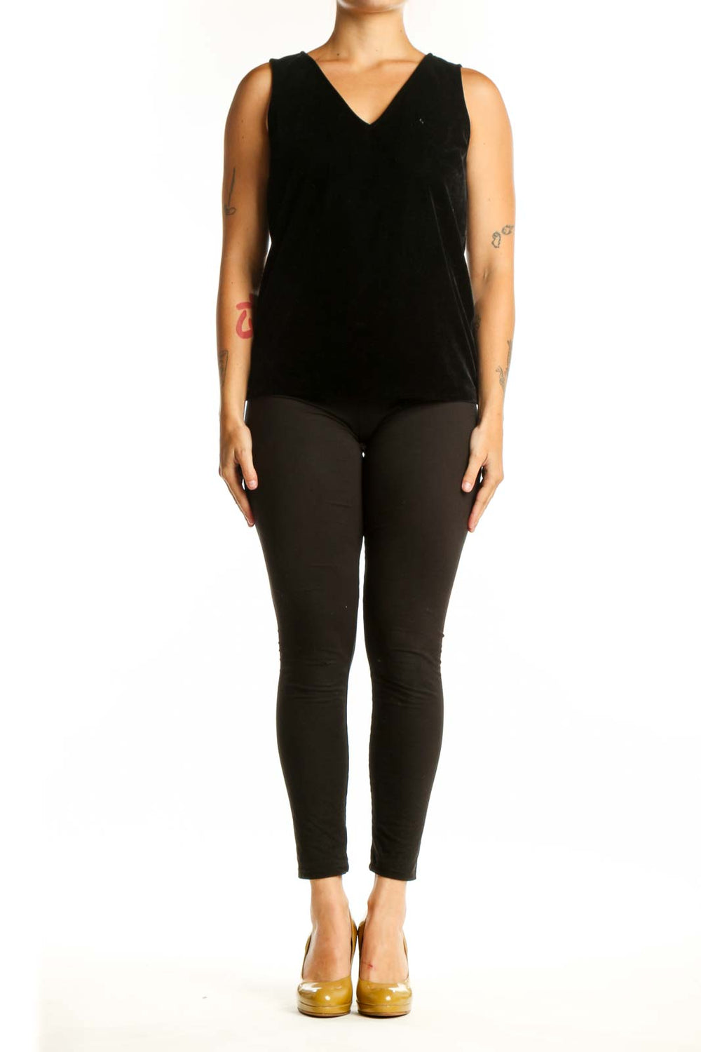 Black velvet sleeveless V-neck top by J.Crew, front view on model