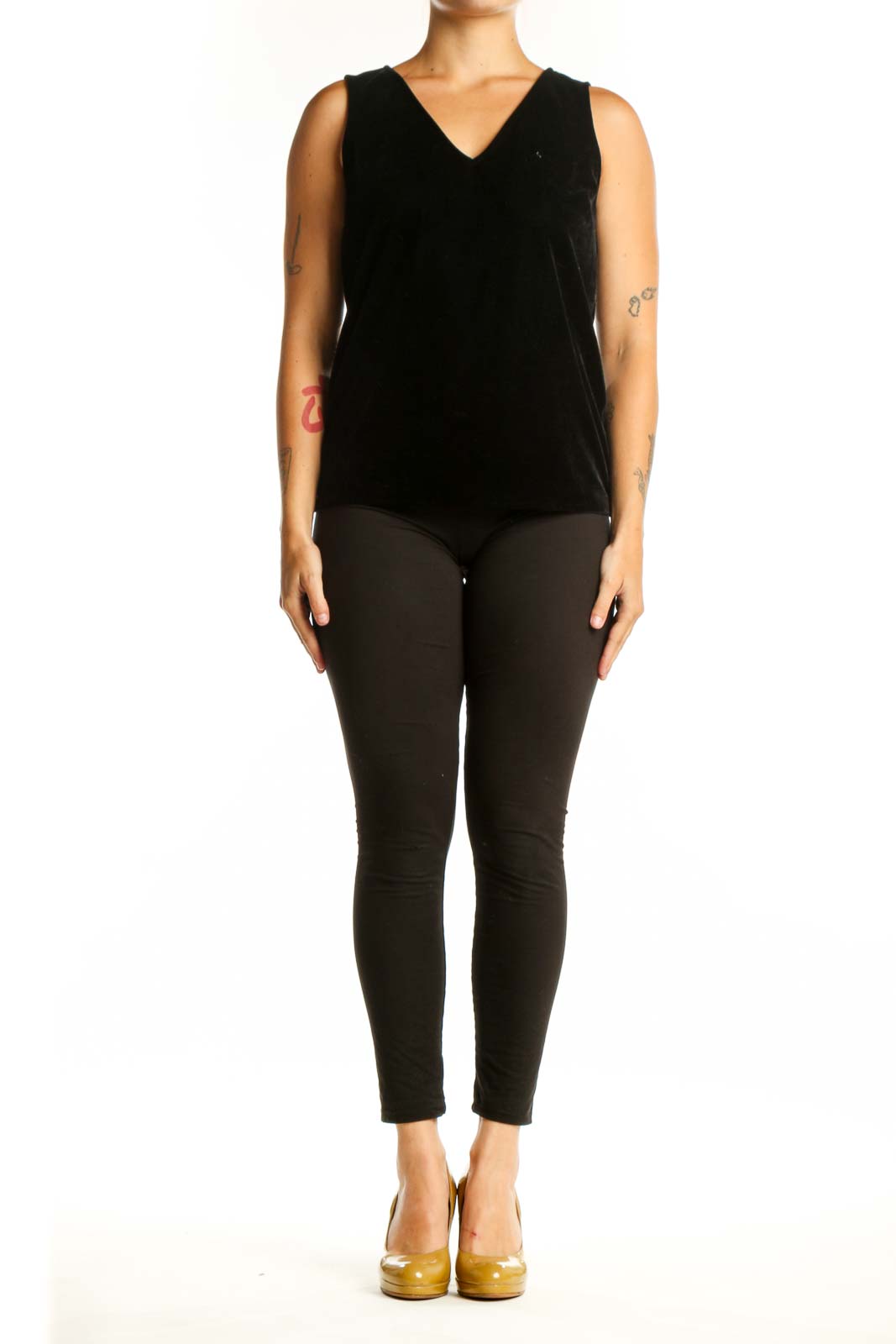 Black velvet sleeveless V-neck top by J.Crew, front view on model