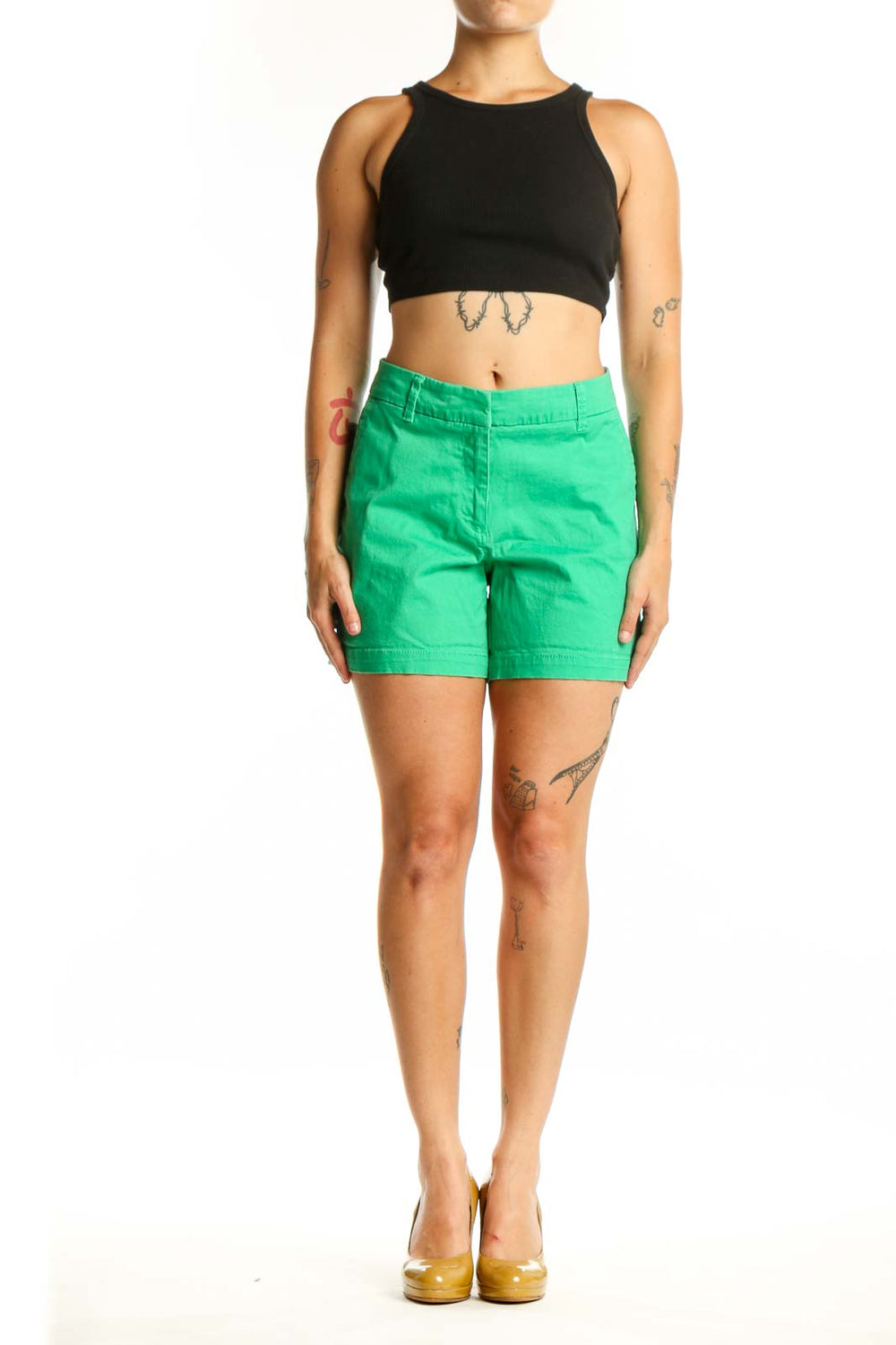 Front view of vibrant green cotton-spandex shorts by Crown & Ivy, size L, featuring classic waistband and mid-thigh length