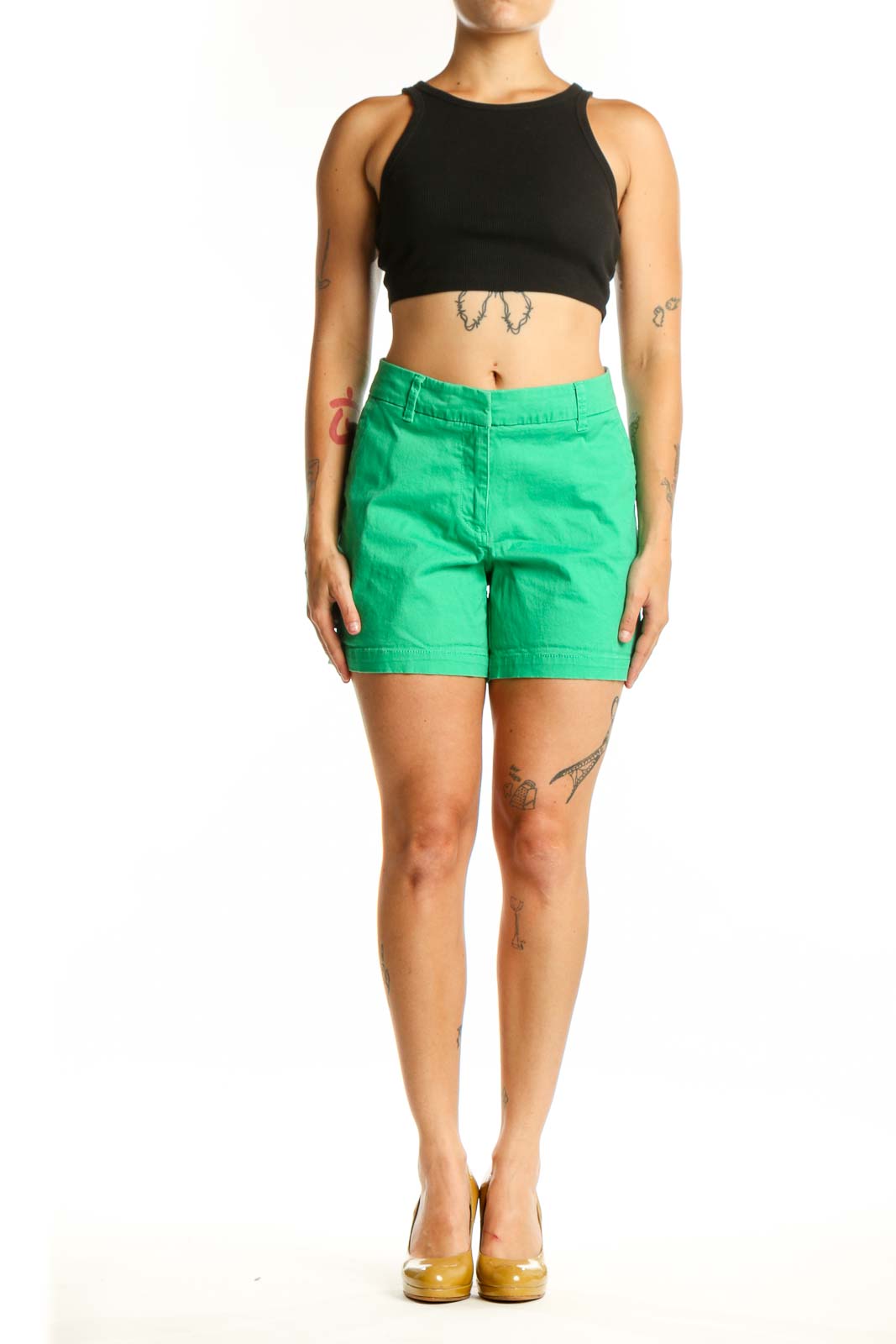 Front view of vibrant green cotton-spandex shorts by Crown & Ivy, size L, featuring classic waistband and mid-thigh length