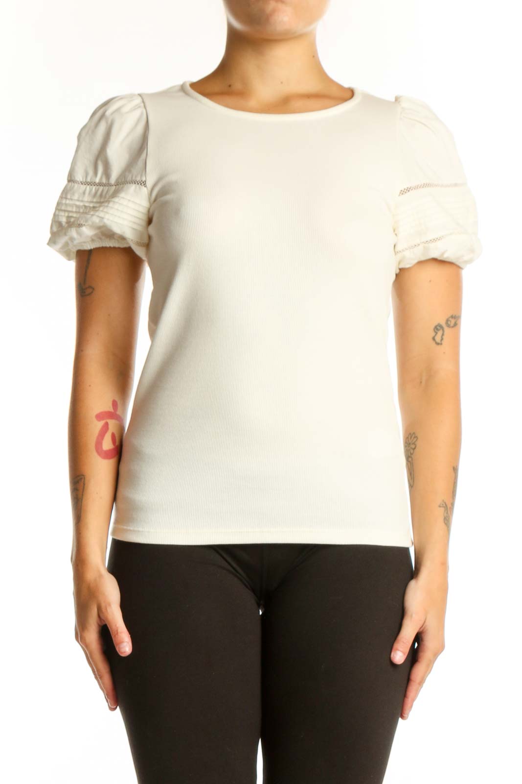 Cream puff sleeve J.Crew top front view on model, showing crew neckline and ruched short sleeves